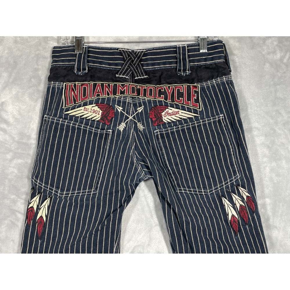 Indian Motorcycle Mens Hickory Stripe Embroidered Denim Jeans Navy Blue 30x32